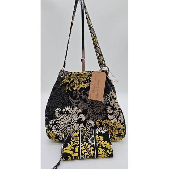 Vera Bradley Quilted Shoulder Bag & Matching Wallet - Floral Black/Yellow/Gray - Picture 5 of 8